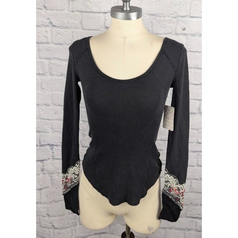 Free People Bandana Cuff Thermal Top Black Size XS